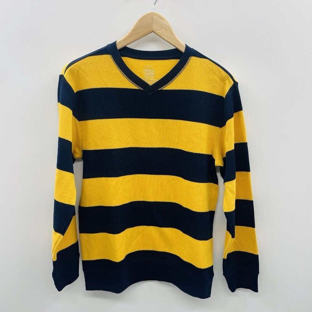 Faded Glory Youth Boys XL 14-16 V Neck Rugby Stripe Long Sleeve Shirt in Blue